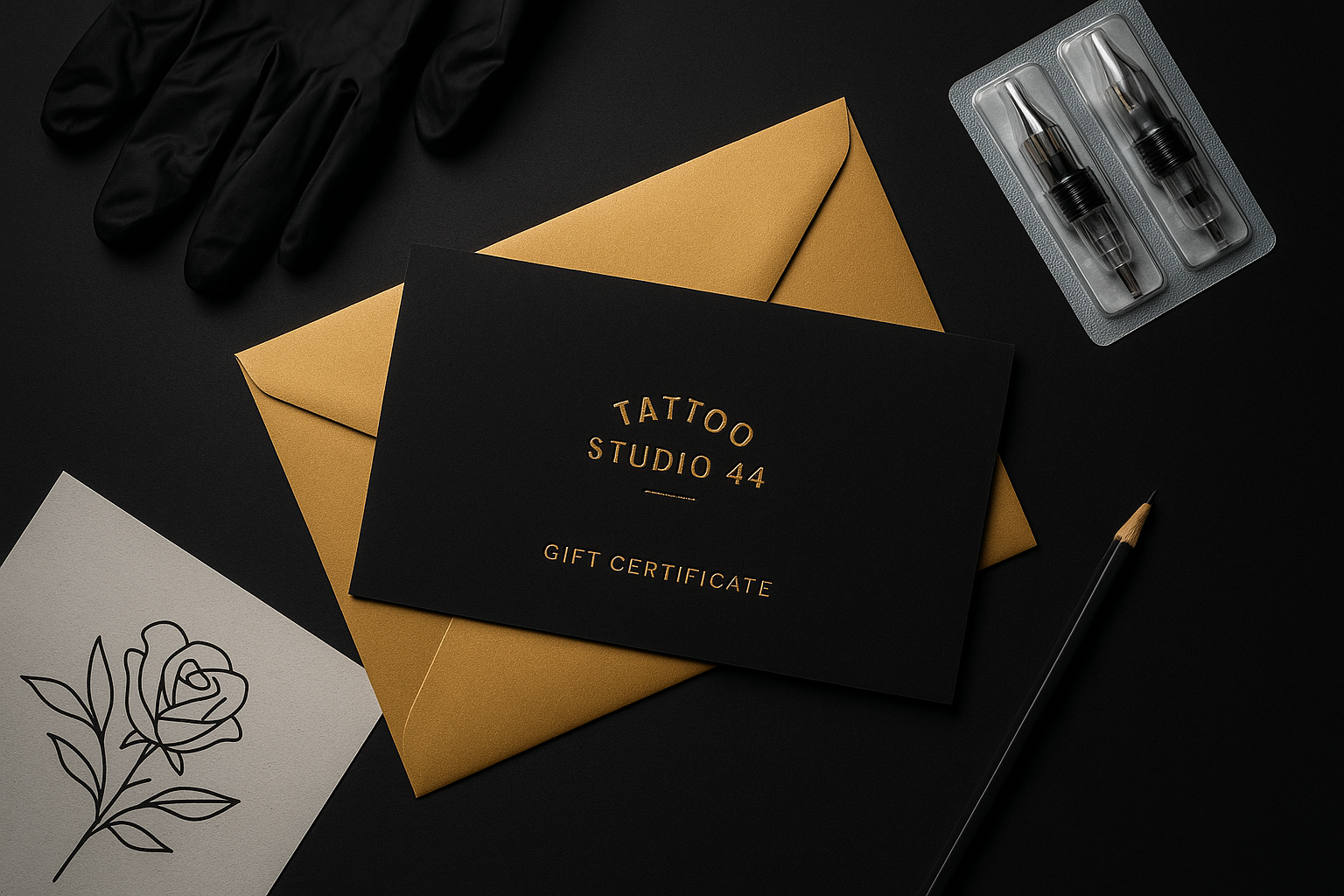 Tattoo Studio 44 gift certificate with gold envelope